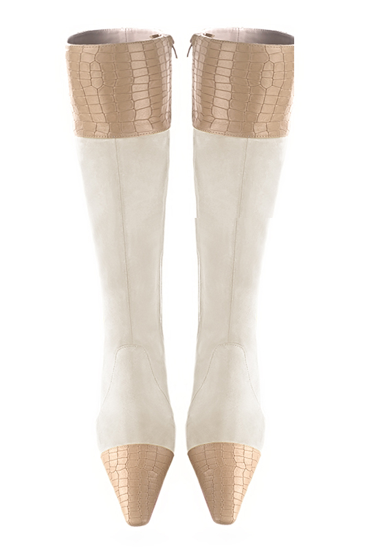 Tan beige and off white women's feminine knee-high boots. Tapered toe. Medium block heels. Made to measure. Top view - Florence KOOIJMAN